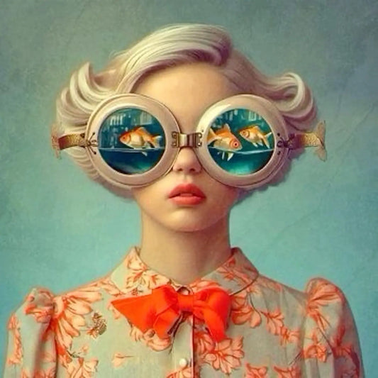 Floral Girl | Aquatic Reflections - A stylish portrayal of a woman with fish swimming within her oversized sunglasses, set against a serene aqua backdrop.