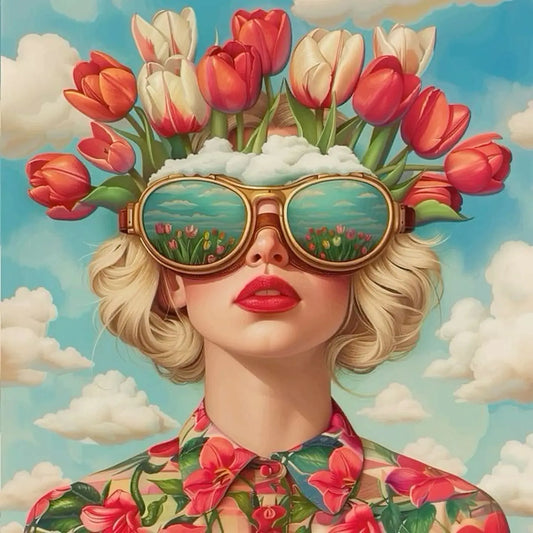 Floral Girl | Tulip Sky Gaze - This piece captures a woman with a crown of vivid tulips, her sunglasses reflecting a serene sky, embodying spring's essence.