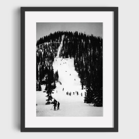 Busy Ski Slope with Numerous Skiers | Winter Crowds: Skiing Enthusiasts on the Slopes | Classic Ski Resort Posters