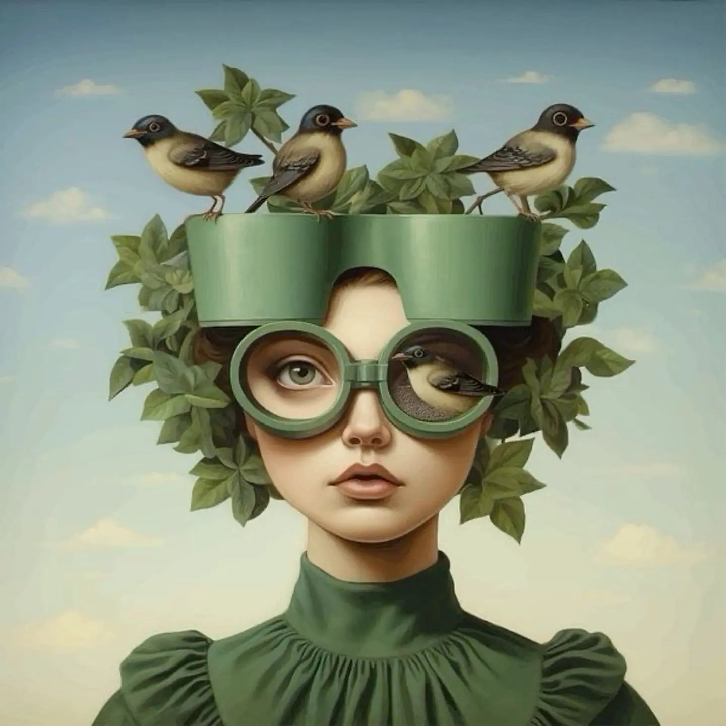 Floral Girl | Avian Greenhouse Gaze - Showcasing a woman with a botanical hat and birds, symbolizing growth and the serene coexistence with nature.