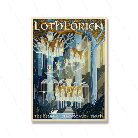 Lothlorien, The Golden Wood: Captivating Fantasy Realm Poster – Ideal for Fans of Enchanted Forests and Ethereal Architecture