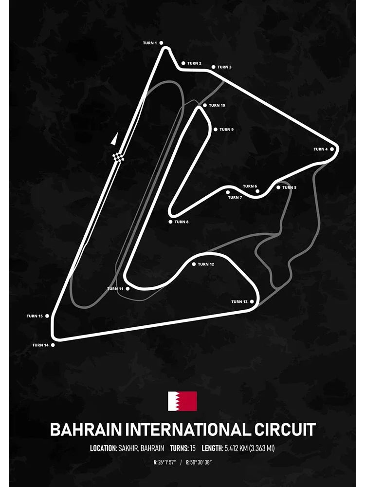 Formel-1-Poster des Bahrain International Circuit | Bahrain | Sakhir | Unverzichtbare Grand-Prix-Strecke im Nahen Osten | Exklusive Wandkunst der F1-Rennstrecke