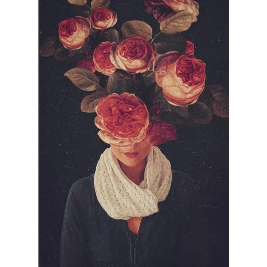 Vintage Flower Heads | Blossoms of the Mind | Floral Woman | Winter Rose: A Cool Embrace of Floral Shadows