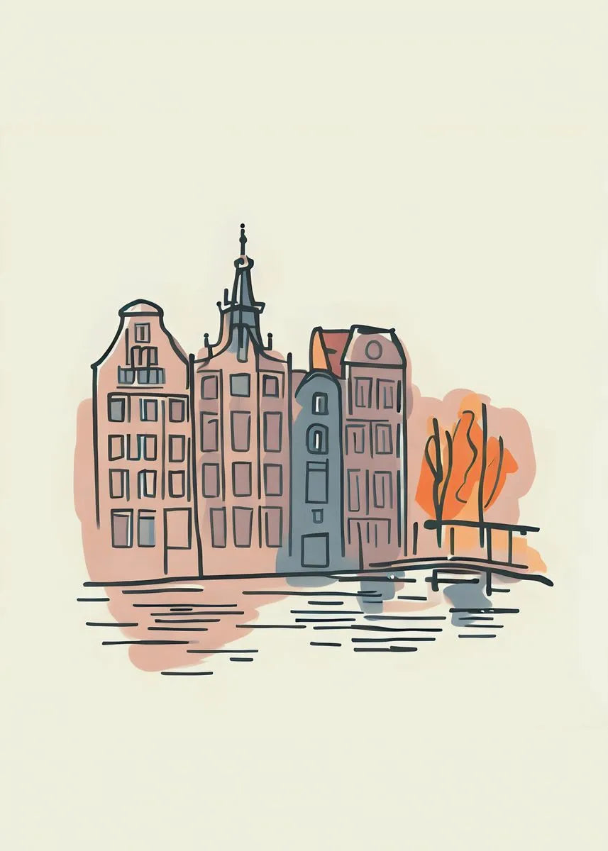 Amsterdam Canal Houses Poster | Stylized Watercolor Art | Netherlands Urban Landscape | Unique Travel Decor