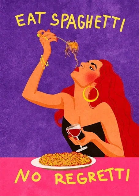 Eat Spaghetti No Regretti | Fun Food Poster | Vibrant Kitchen Art