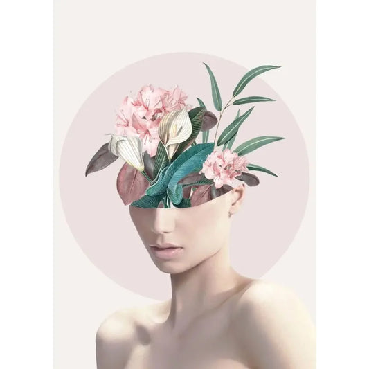 Vintage Flower Heads | Blossoms of the Mind | Floral Woman | Pink Blossom Tranquility: A Soft Portrait of Floral Elegance