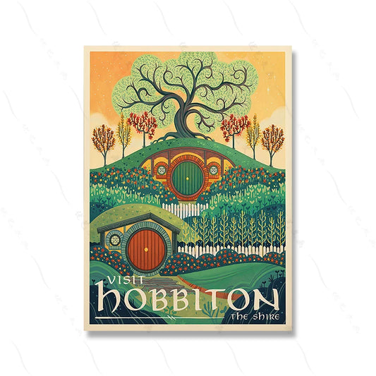 The Shire Poster | Visit The Shire: Charming Hobbiton Landscape Poster – A Dreamy Addition for Fans of Peaceful Countrysides and Cozy Dwellings