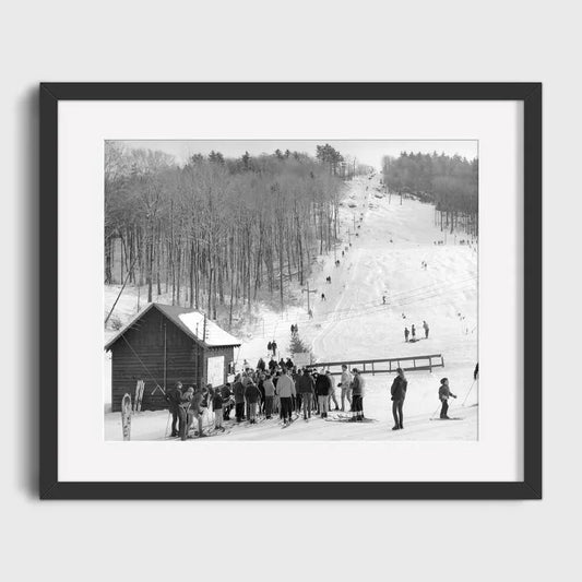 Busy Ski Slope with Active Skiers and Cabin | Alpine Adventures: Join the Ski Resort Buzz | Classic Ski Scenes Artwork