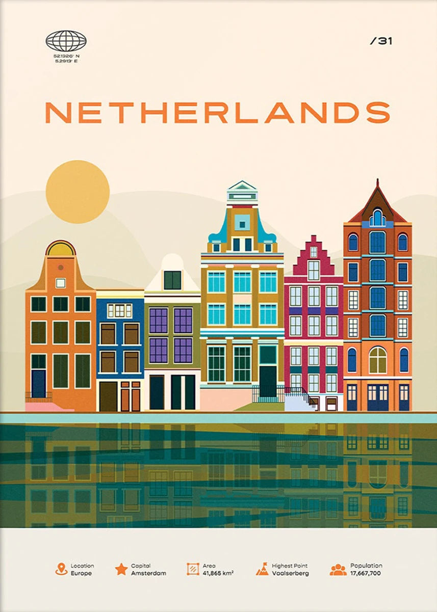 Netherlands Poster | Amsterdam Canal Houses Art Print | Colorful Dutch Architecture | Decorative Wall Art