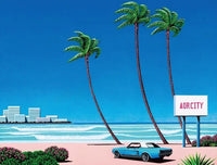 Retro Vaporwave Poster | Hiroshi Nagai Kunst | Japanisches tropisches Strandstadtauto | Leinwand-Wanddekoration
