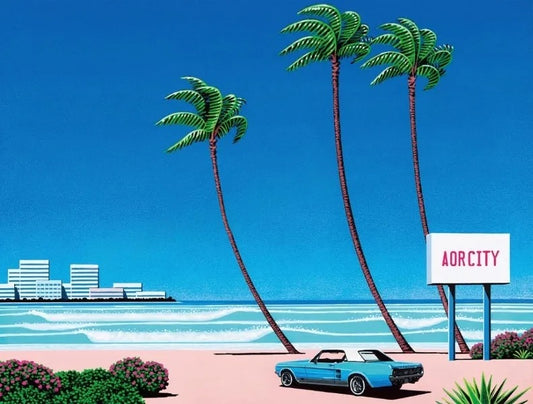 Retro Vaporwave Poster | Hiroshi Nagai Art | Japanese Tropical Beach City Car | Canvas Wall Decor