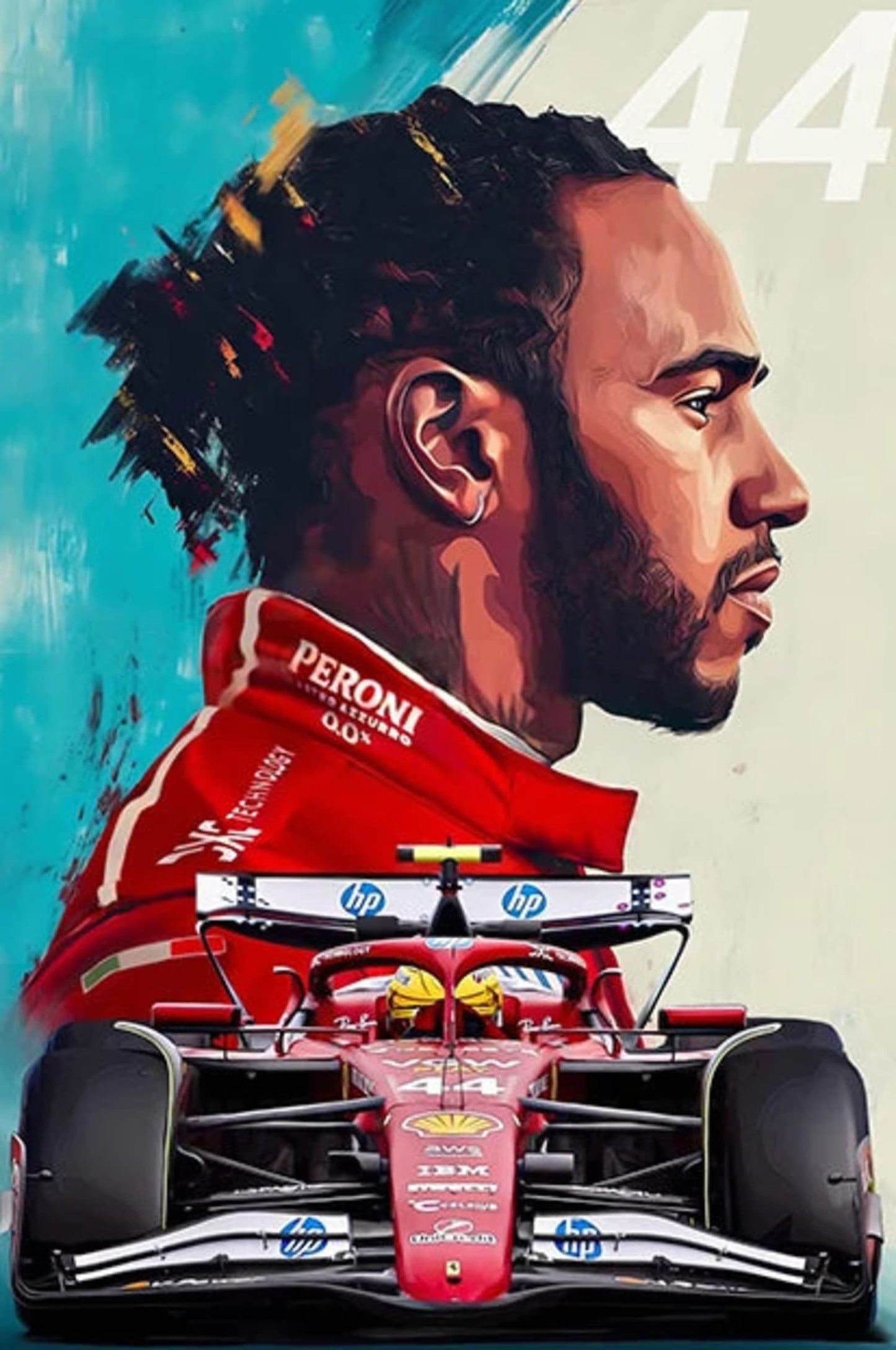 Lewis Hamilton 2025 Formel 1 Saison Künstlerisches Portrait-Poster | Lebendiger abstrakter Hintergrund | SF25 Auto | Nummer 44