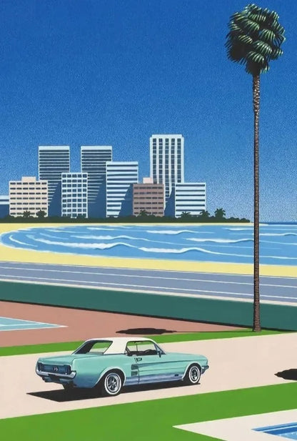 Hiroshi Nagai | Retro-Vaporwave-Poster | Japanische tropische Strand-Stadtauto-Kunst | Wandleinwand Nordisches Dekor