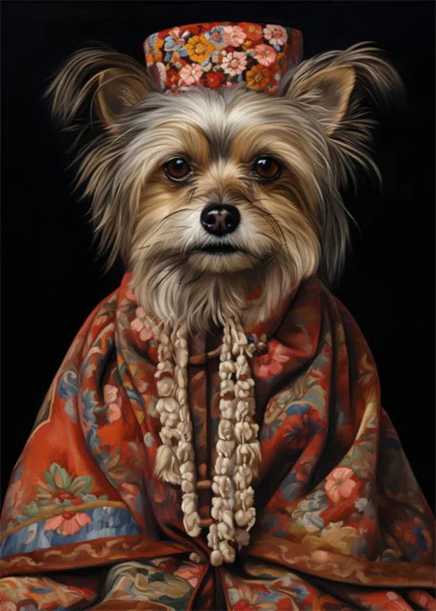 Imperial Grace | Yorkshire Terrier Poster | Floral Opulence Animal Portrait | Serene Noble Dog Art | Home Wall Decor