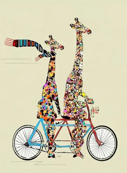 Giraffe's Patchwork Pedal Poster | Whimsical Wheels | Colorful Animated Adventure Decor | Joyful Journey Wall Art