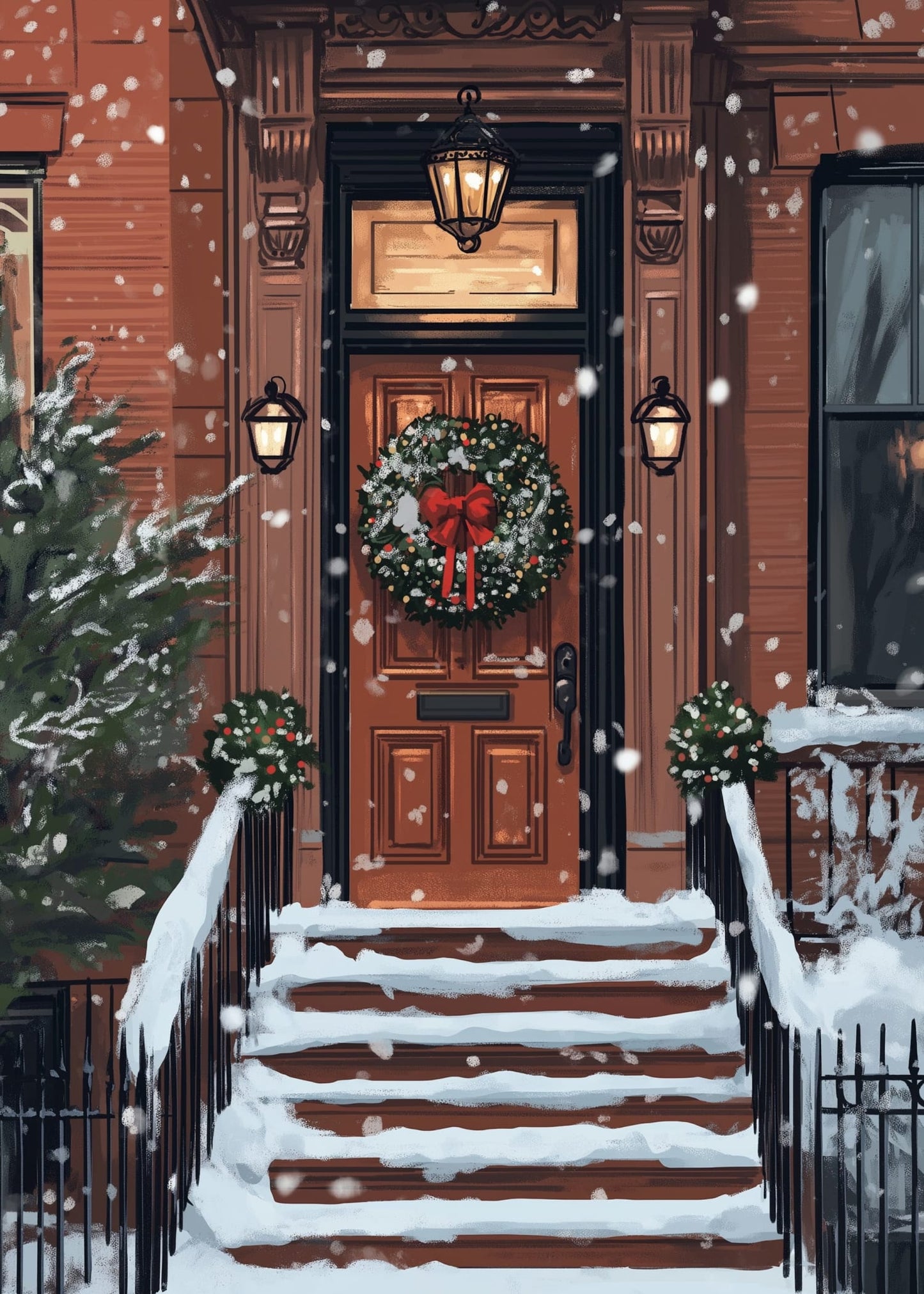 Charming Snowy Brownstone Porch | Holiday Wreath & Lanterns | Cozy Winter Scene