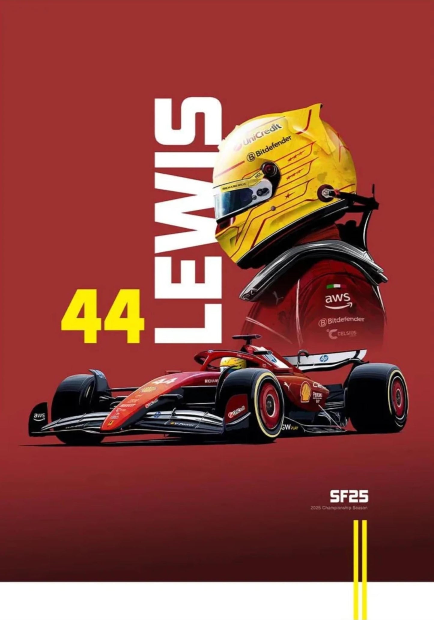Lewis Hamilton Formel 1-Rennposter Saison 2025 | SF25-Meisterschaftsauto mit legendärem gelben Helm | Rote Sammleredition