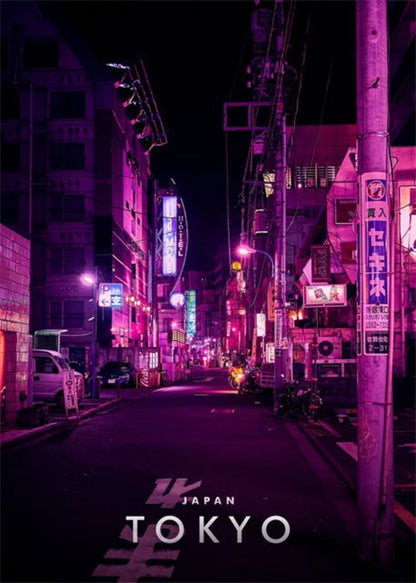 Nachtstraße in Shibuya | Tokio | Stadtbild in der Abenddämmerung | Ästhetik des urbanen Nachtlebens | Poster zur japanischen Architektur