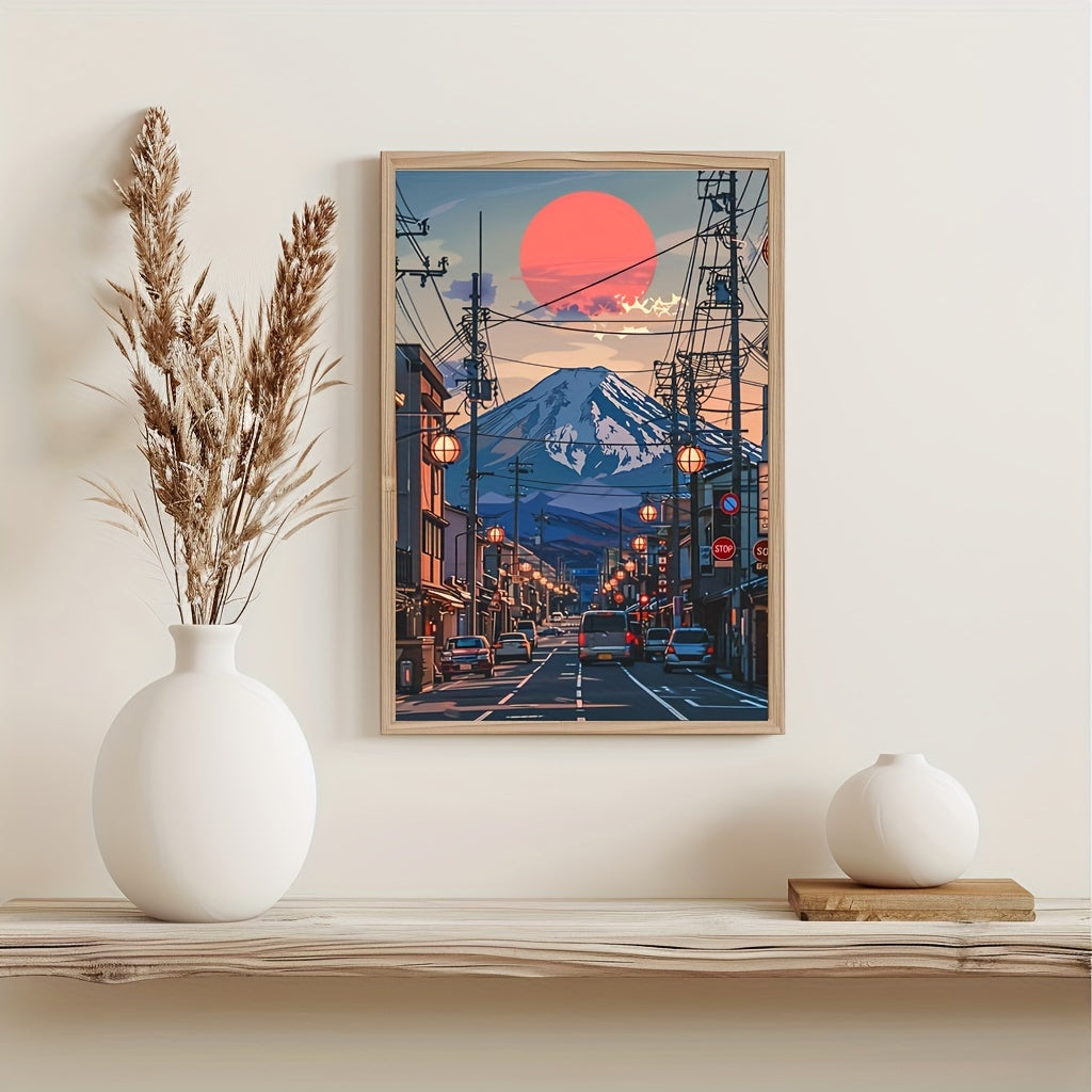 Vibrant Mount Fuji Sunset Oil Painting - Urban Streets Of Japan