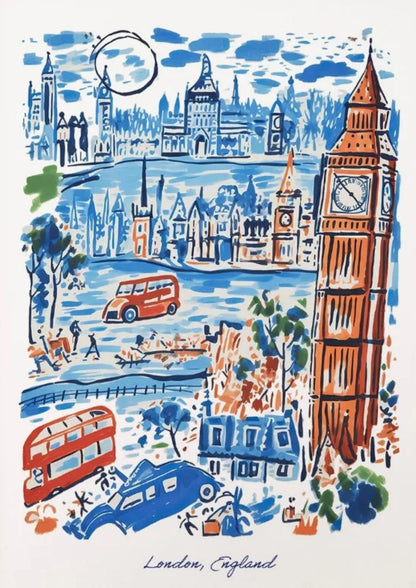 Poster London, England | Ikonische Wahrzeichen der Stadt | Blaue und rote Stadtszene | Perfektes Geschenk für Reisende