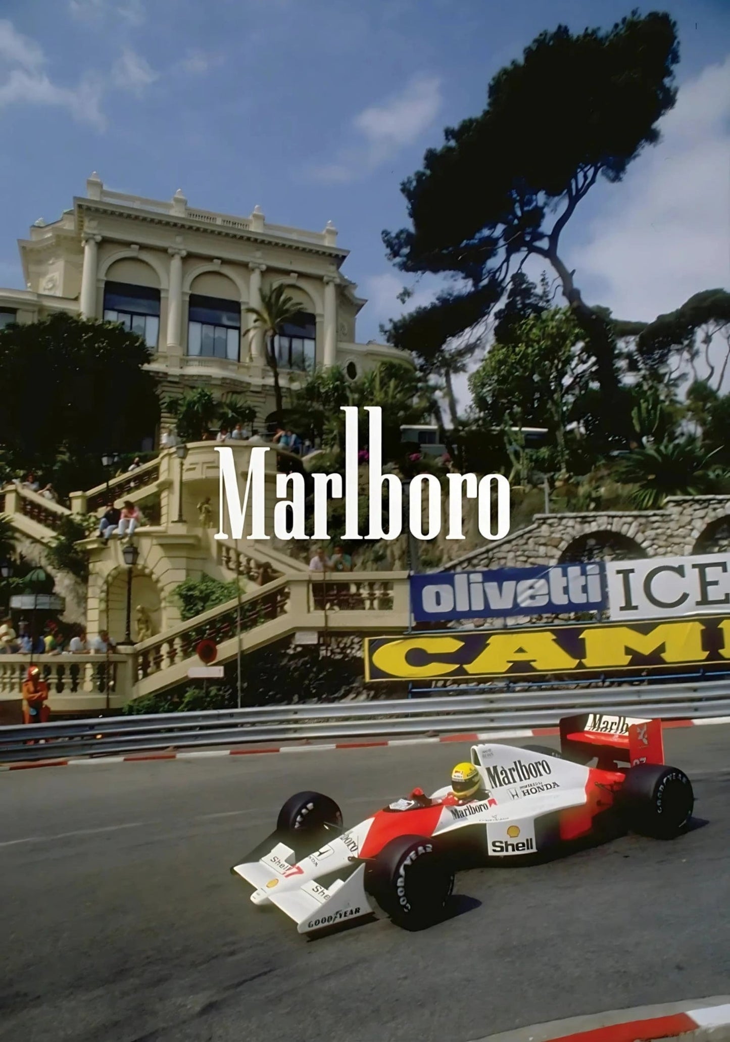 Vintage Formel 1 | Großer Preis von Monaco | F1-Rennplakat | McLaren MP4/5 | Ayrton Senna | Stufen des Casinos von Monte Carlo