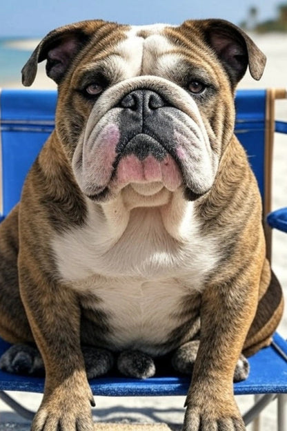 Beach Day Bulldog | Relaxed Portrait in Blue Chair