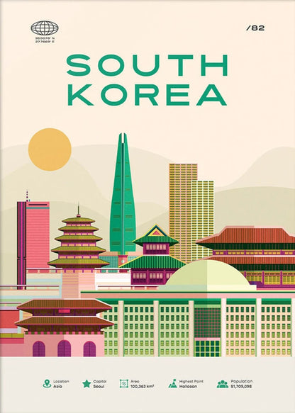 Südkorea Poster | Seoul Urban Skyline Art | Farbenfroher Stadtbilddruck | Asiatisches Reisethema Dekor