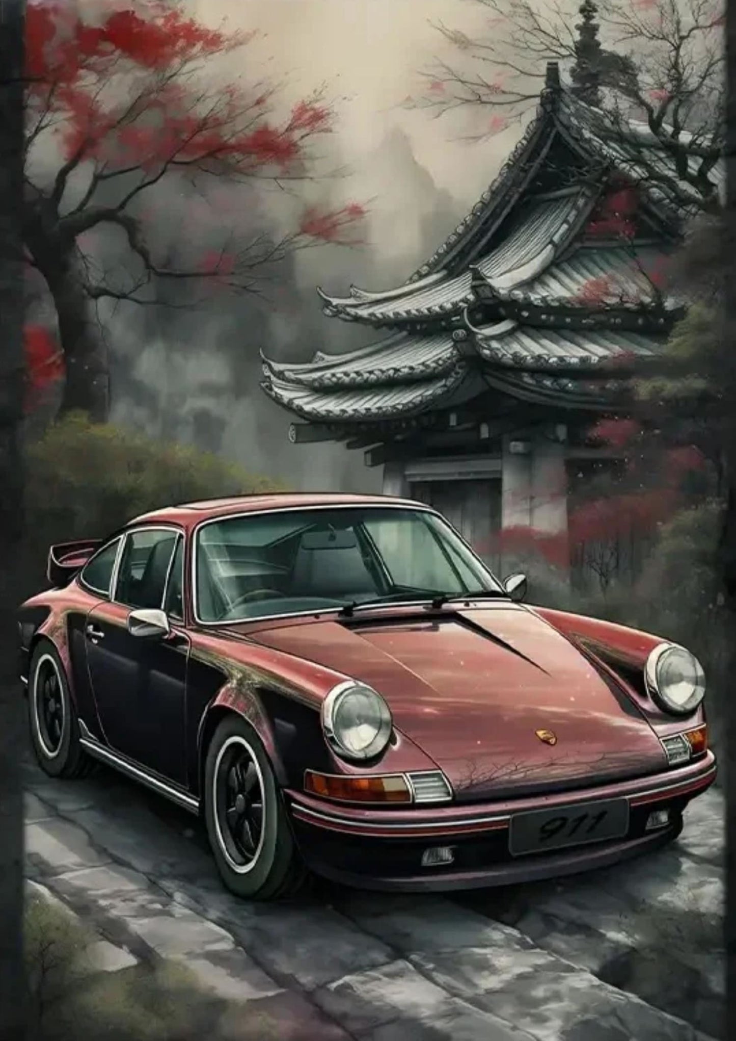 Poster | Porsche 911 | Herbstliche Tempelgärten | Friedlicher Rückzugsort | Malerische Ruhe | Nachdenklicher Moment
