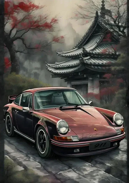 Poster | Porsche 911 | Herbstliche Tempelgärten | Friedlicher Rückzugsort | Malerische Ruhe | Nachdenklicher Moment