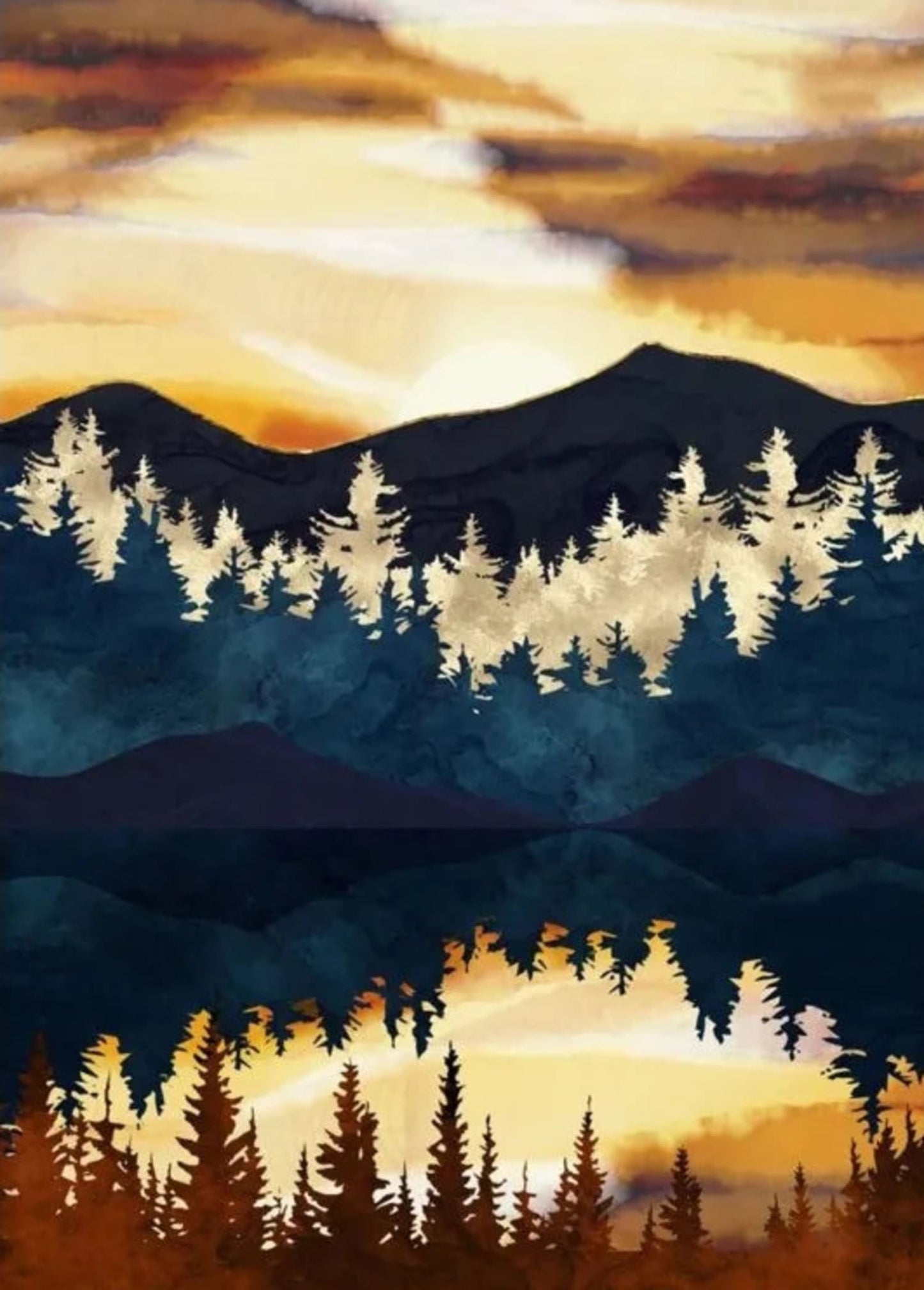 Abstraktes Landschaftsposter | Goldener Bergszenendruck | Wanddekoration | Kunstwerk für Haus und Garten