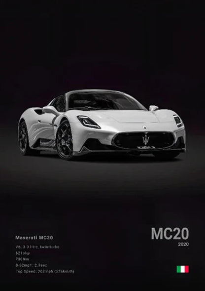 Maserati MC20 Poster | Tribute to Engineering | Sports Car Art | Specifications Display | Wall Decor