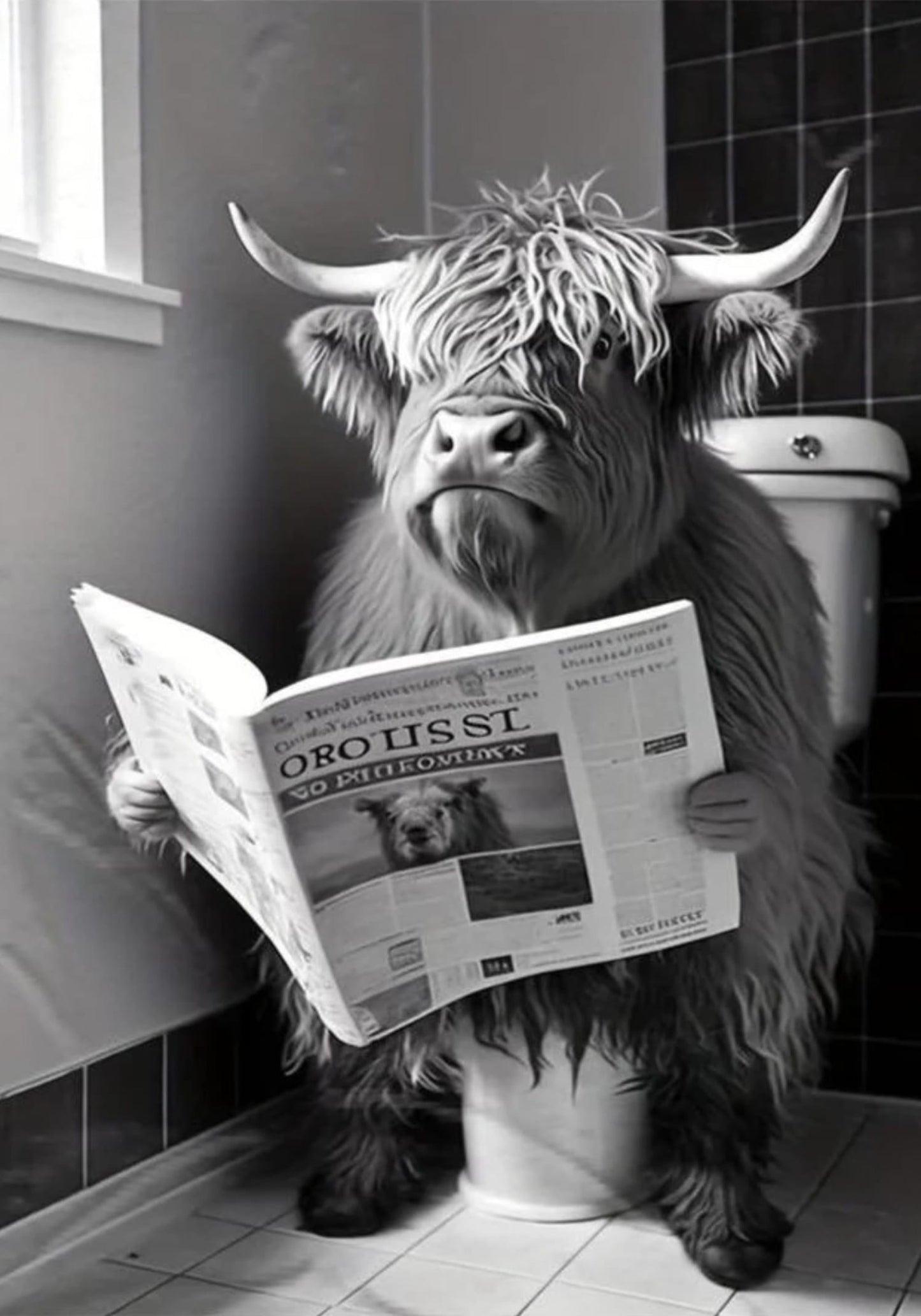 Highland Koe Leest op Toilet | Humoristische Boerderijstijl