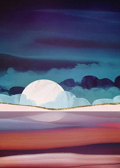 Abstraktes Landschaftsposter | Vollmond über Wüstenlandschaft | Künstlerisches Wüstennachthimmel-Poster | Wandkunst für die Inneneinrichtung