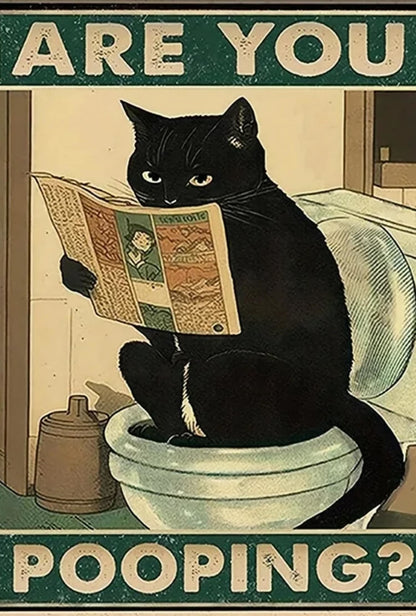 Funny Black Cat Reading Newspaper | Retro Art
