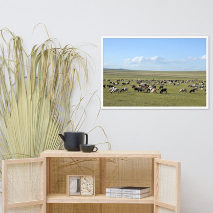 Poster - Herd of sheep graze in Mongolian steppe