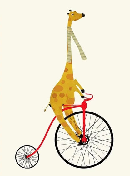 Giraffe's Solo Cycle Poster | Whimsical Wheels Artwork | Joyful Animated Adventures Decor