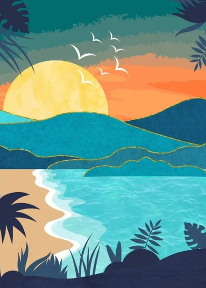 Abstrakte Strandszene bei Sonnenuntergang | Meerblick | Ruhige Küstenkunst Poster