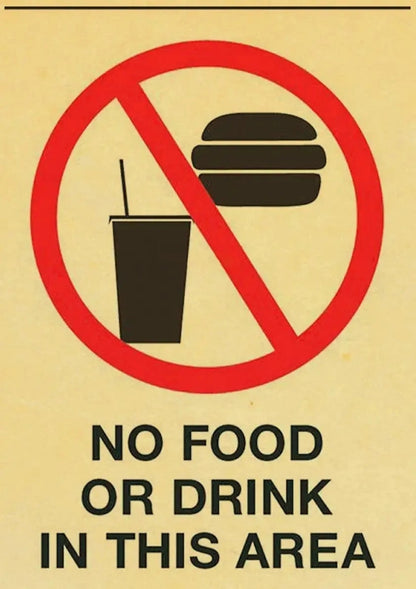 Essen und Trinken verboten | Warnplakat im Vintage-Stil
