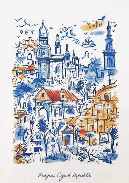 Prager Architektur Poster | Blaue und orange Aquarellkunst | Tschechische Republik Historische Illustration | Einzigartige Wohndekoration