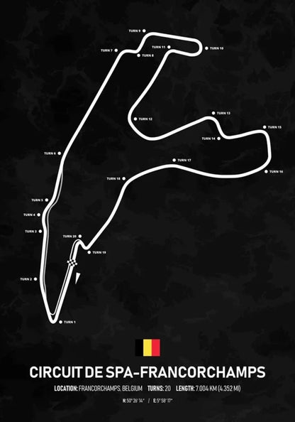 Formel-1-Poster Circuit de Spa-Francorchamps | Belgien | Francorchamps | Legendäre Grand-Prix-Strecke von Belgien | Poster mit legendären Formel-1-Rennstrecken