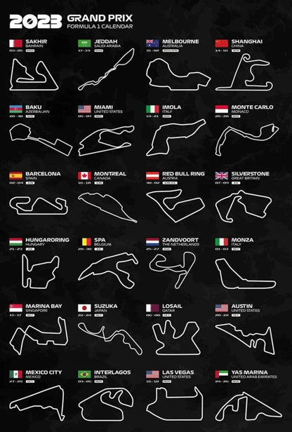 Formel-1-Rennstreckenposter 2023 | 2023 | Übersicht über die komplette F1-Streckensaison | Unverzichtbare Formel-1-Rennstreckenposter
