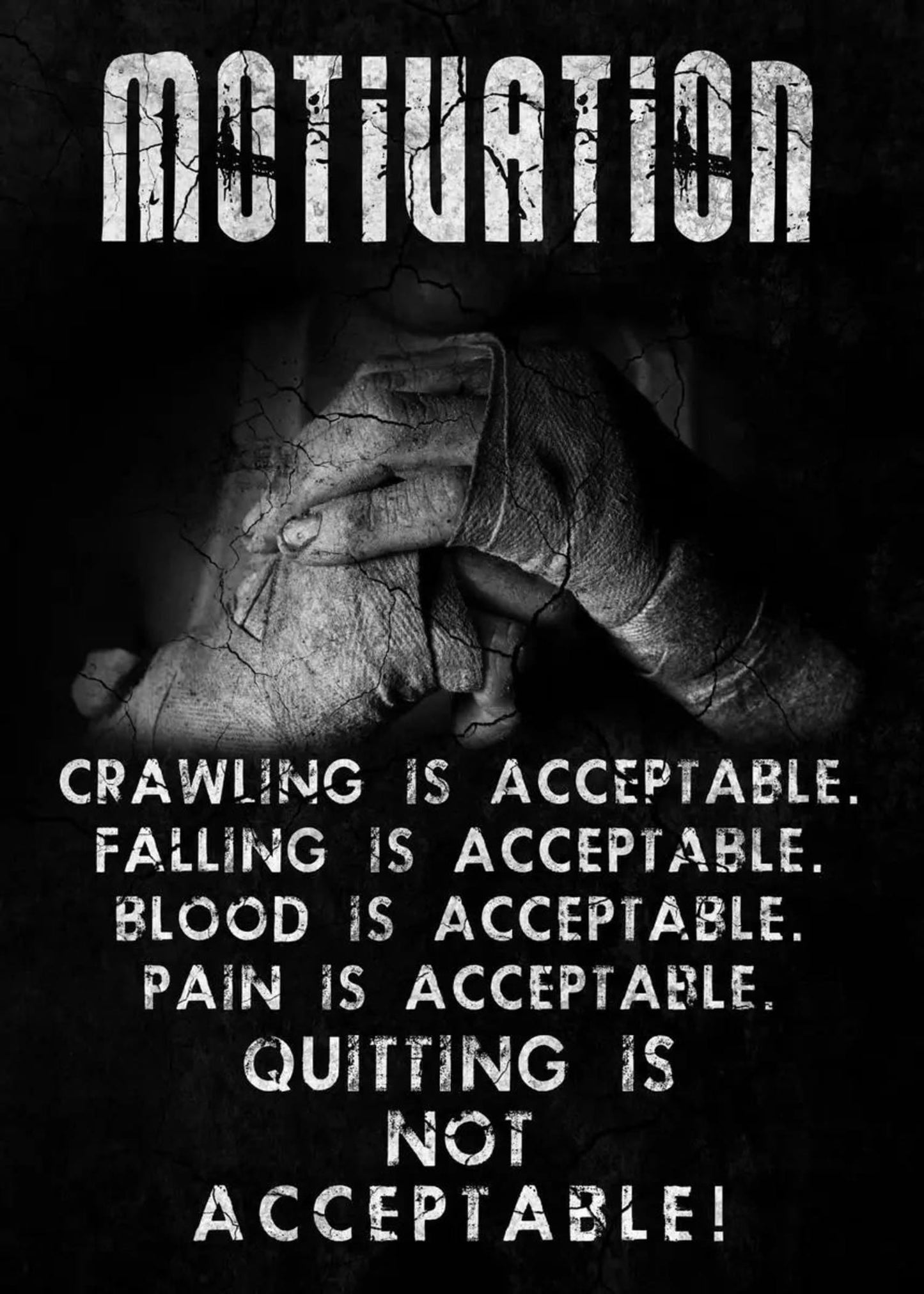 Bodybuilding | Gewichtheben | Motivationszitat | Fitness-Poster fürs Fitnessstudio | Motivation Krabbeln ist akzeptabel. Fallen ist akzeptabel. Blut ist akzeptabel. Schmerz ist akzeptabel. Aufgeben ist nicht akzeptabel!